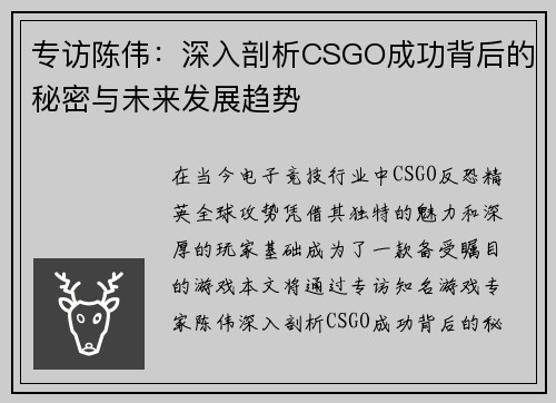专访陈伟：深入剖析CSGO成功背后的秘密与未来发展趋势
